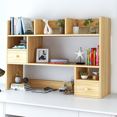 The bookshelf desk holds a simple student desktop bookcase