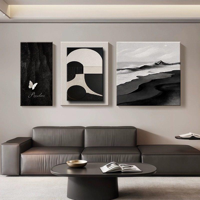 黑白现代简约客厅挂画沙发背景墙装饰画高级感2025新款大白墙壁画