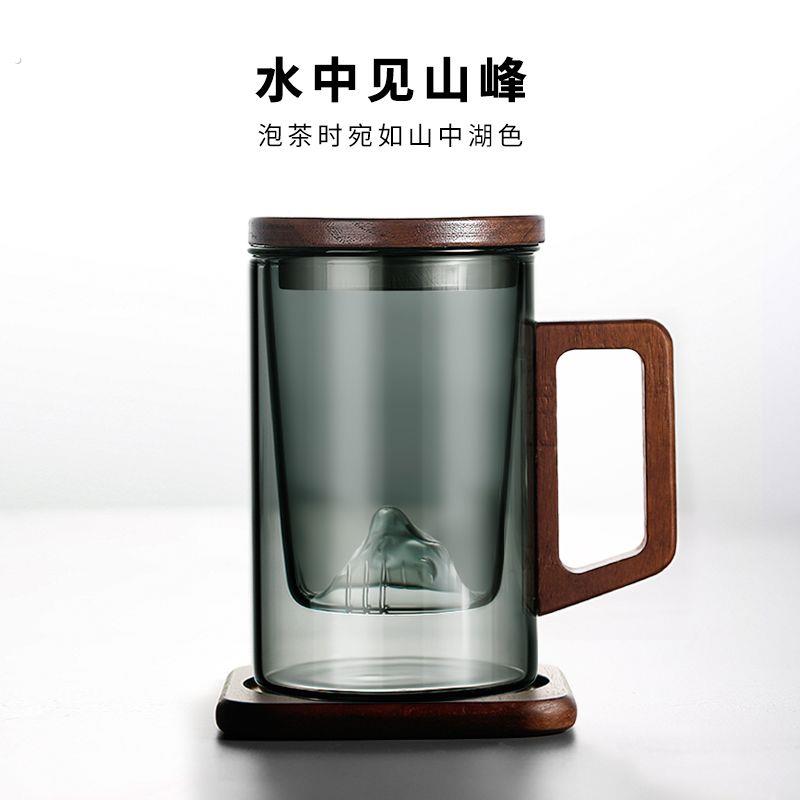 中式观山茶杯男士办公室喝茶杯子玻璃水杯茶水分离泡茶观茶杯