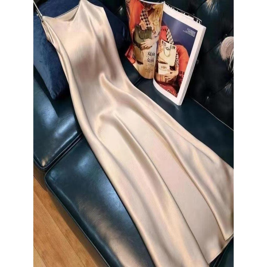 冰丝睡衣女夏款缎面洋装宽松性感纯色吊带睡裙女气质可外穿长裙