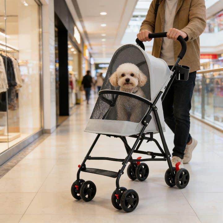 轻便可折叠宠物推车小型犬猫咪外出遛宠车透气网布四轮减震手推车