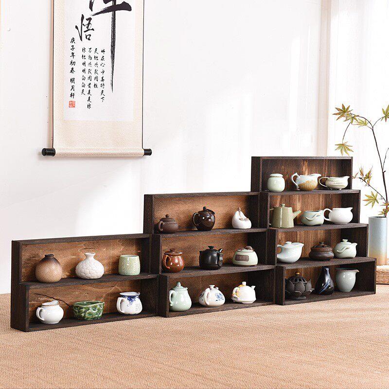 实木桌面置物架收纳柜博古架茶具茶杯架茶托茶棚茶壶阶梯摆件搁架