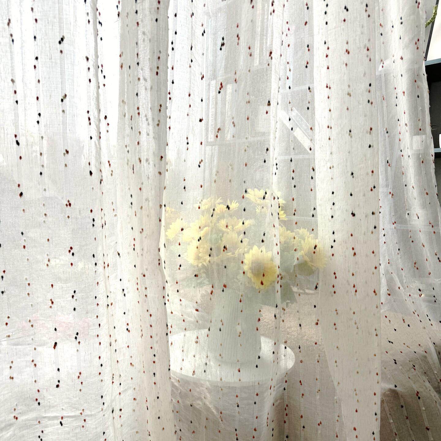 彩色点点书房窗帘卧室客厅高级感亚麻纱帘透光不透人美式乡村窗纱