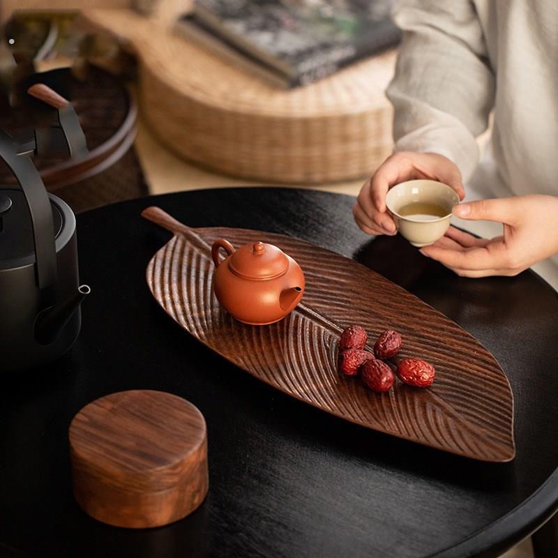 胡桃木叶子茶点盘家用木质茶台实木干泡茶盘茶杯托盘木质