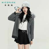 奈斯帕2025冬季 新款 韩系条纹连帽毛边短外套女宽松拉链休闲百搭