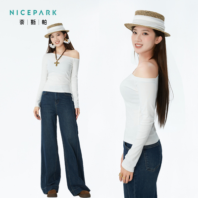 奈斯帕2025秋季新款甜辣风斜露肩长袖t恤打底衫收腰别致上衣女