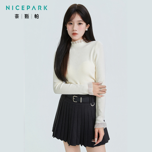 奈斯帕2025冬季新款韩系甜美网纱拼接半高领打底衫上衣女修身显瘦