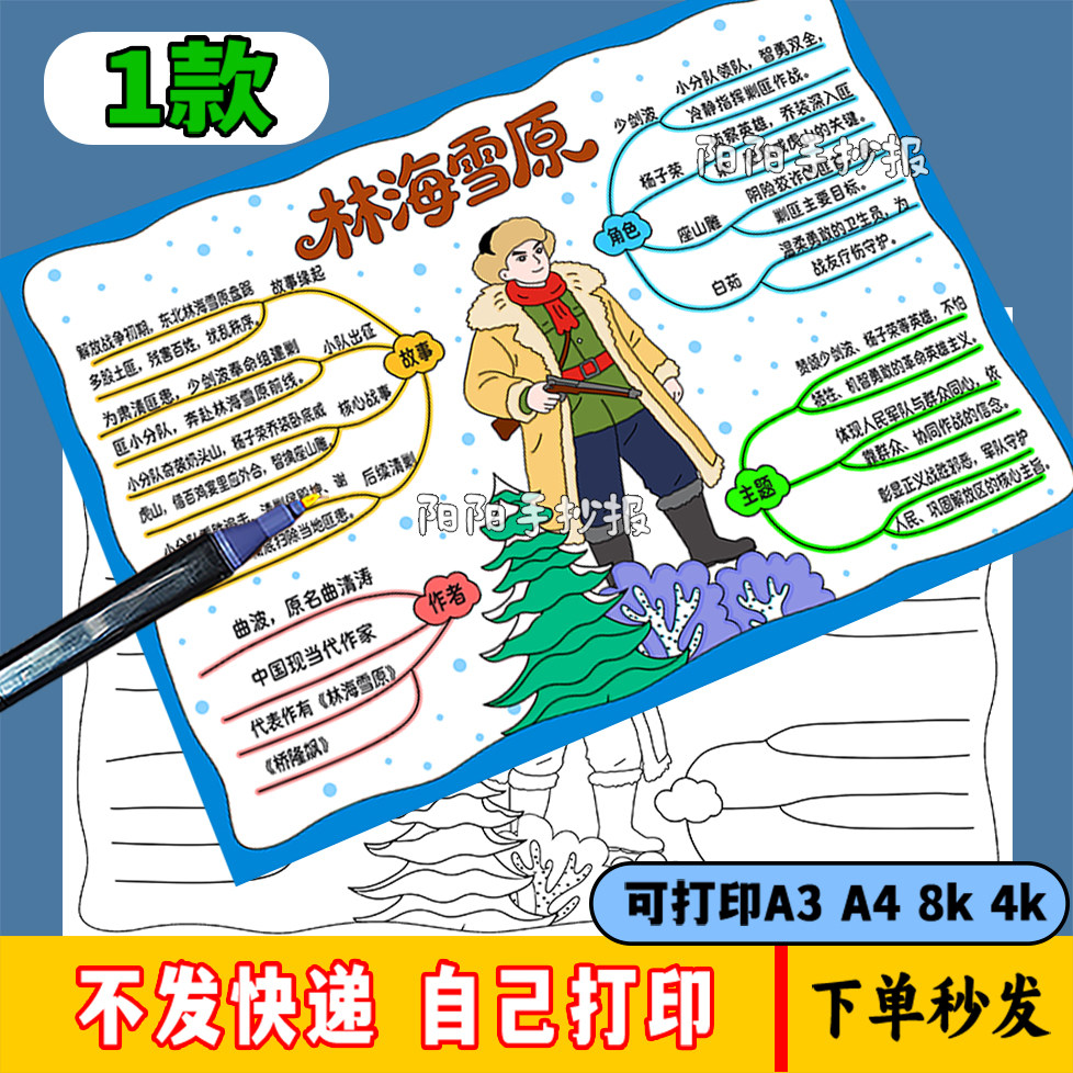 林海雪原思维导图手抄报模版电子版六年级语文课外书读书红色小报图片