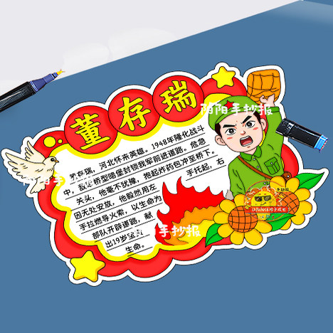 革命英雄人物卡董存瑞手抄报模板缅怀弘扬红色烈士名片线稿剪贴画
