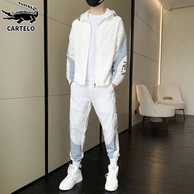 鳄鱼白色休闲套装男士衣服搭配帅气夹克外套春秋季运动衣服男一套