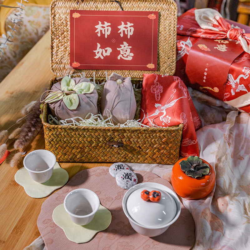 斗贤文创乔迁结婚伴手茶礼简约布艺鸾凤和鸣茶具组合2023新年礼物