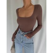 自制秋冬u领长袖 巨性感低胸露锁骨收腰显瘦辣妹紧身短上衣