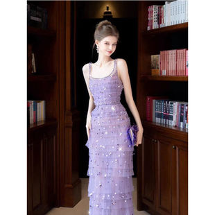 宴会晚礼服今年流行漂亮风情万种气质高端精致紫色吊带连衣裙女夏