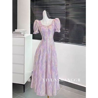紫色复古油画印花连衣裙