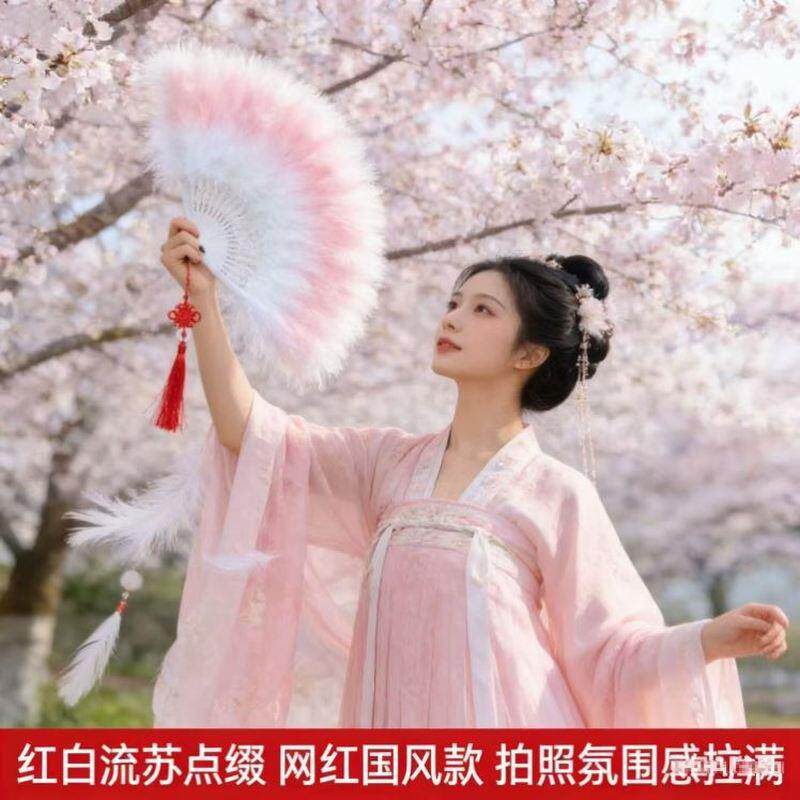 特级加厚羽毛扇子网红旗袍走秀 折扇舞蹈道具舞台表演白色羽毛扇