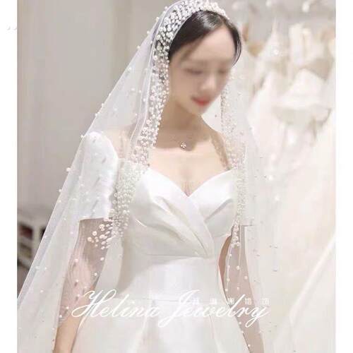 韩式美头纱仙女复古珍珠简约气质旅拍结婚盘发婚礼造型长头纱