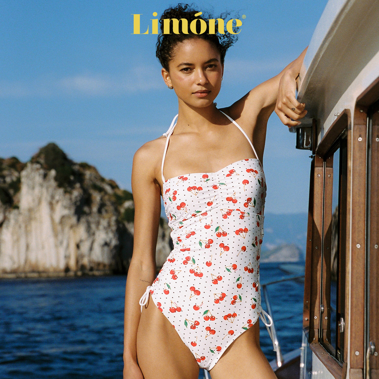 Limone胸前抽褶挂脖连体泳衣女图片