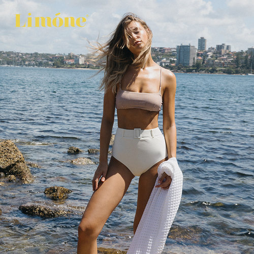 Limone复古分体泳装比基尼度假风