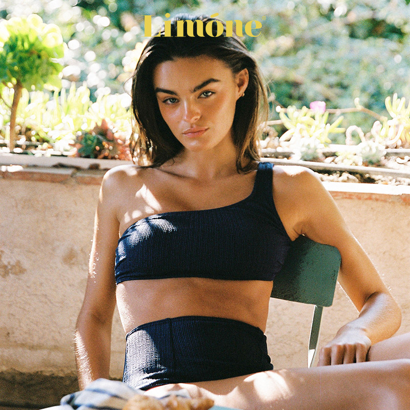 Limone蓝色单肩比基尼海边度假风