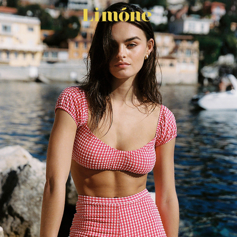 Limone粉色分体泳衣泡泡袖泳装女图片