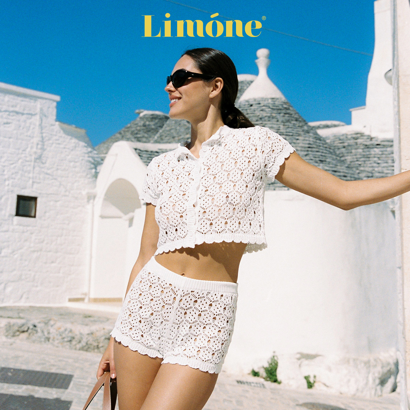 Limone白色透视钩花短袖短裤套装图片