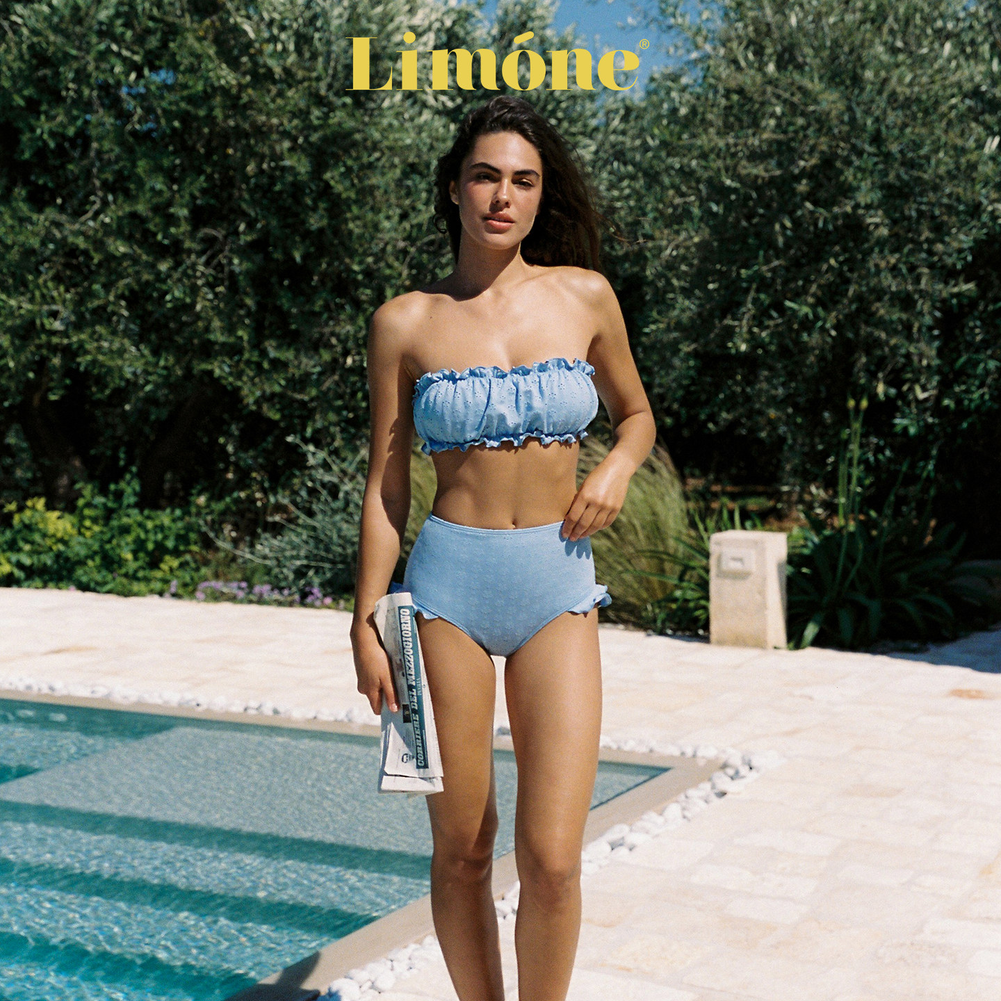Limone波浪边抹胸高腰分体泳衣图片