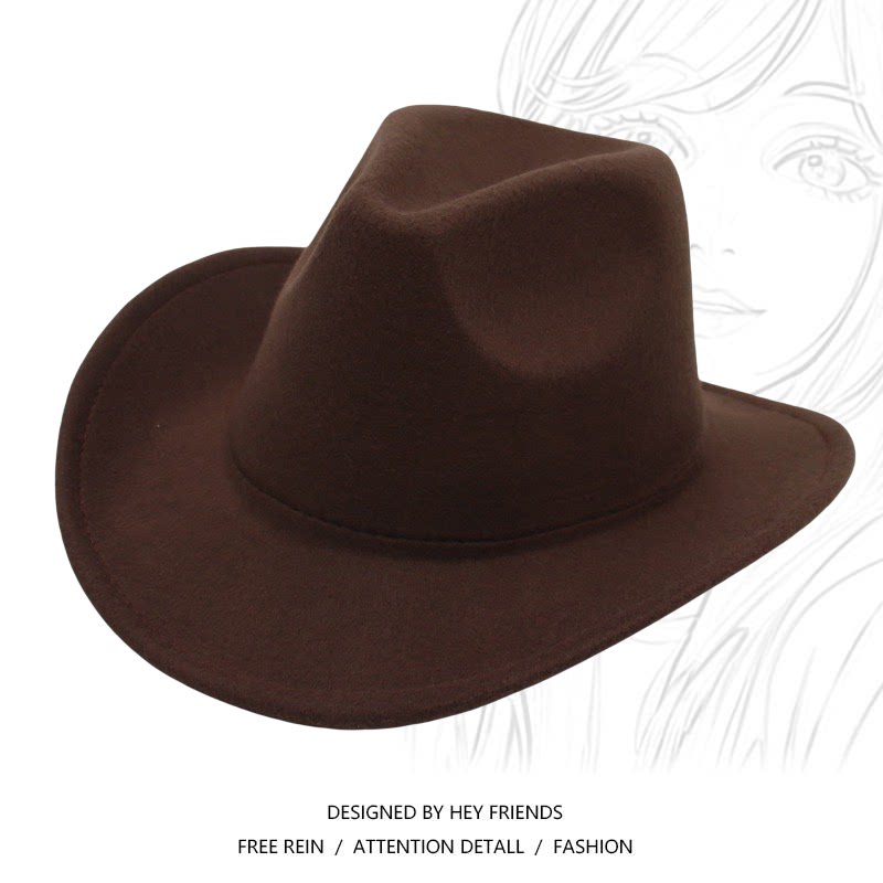 西部牛仔礼帽卷檐复古骑马帽子男女毛呢毡帽 Western Cowboy Hat