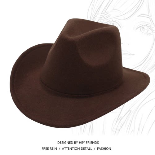 西部牛仔礼帽卷檐复古骑马帽子男女毛呢毡帽 Western Cowboy Hat