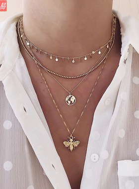 Alloy Clavicle Chain Disc Map Bee Pendant Multilayer Necklac