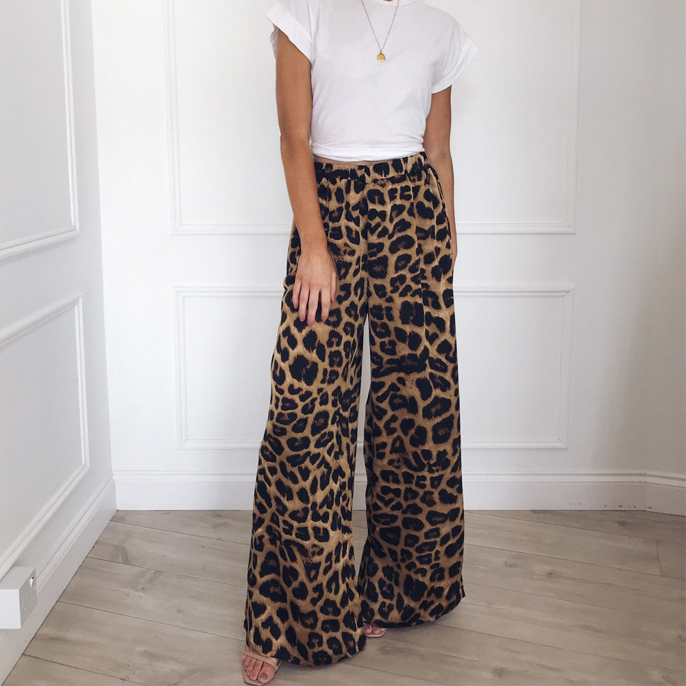 Autumn Leopard Wide Leg Pants Women High Waist Loose Palazzo