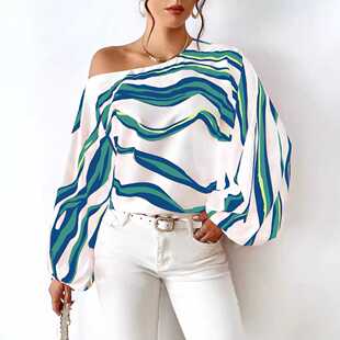 Womens T-shirt欧美春秋女性感斜领露肩长袖衬衫波浪印花百搭上衣
