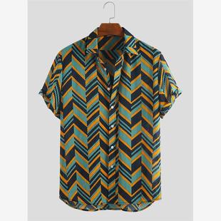 Wave Stripe Short Men Shirt男衬衫 Beach Sleeve