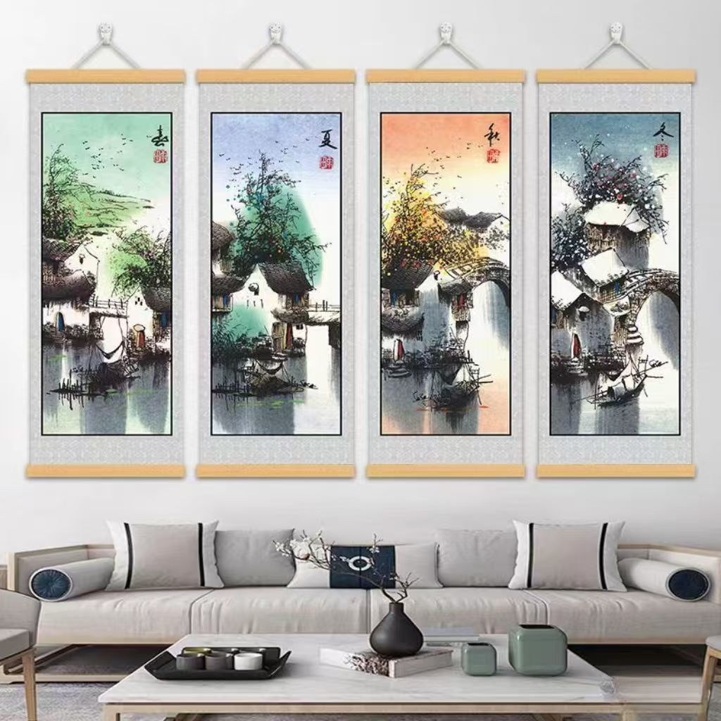春夏秋冬新中式书房客厅装饰画山水画新款花鸟画国画四联卷轴挂画