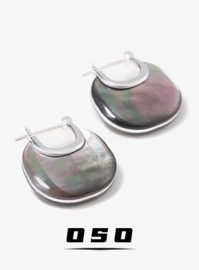 黑色贝母耳环女小众设计感法式复古气质百搭方形耳钉S925银针耳饰