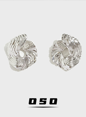 抽象简约纹理夸张不规则圆形耳环女冷淡风银色高级感耳钉耳夹耳饰