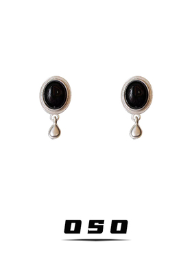 「清冷美人」法式复古简约黑色水滴耳钉气质百搭猫眼石耳环