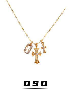 欧美潮流双十字架项链女小众轻奢小众高级感金色高端情侣款锁骨链