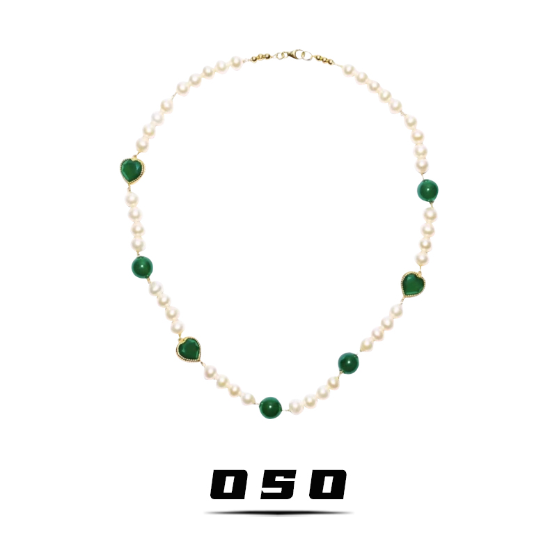天然淡水珍珠绿石爱心项链