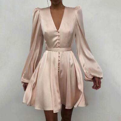 气质V领灯笼袖走秀连衣裙女2022women satin silk dress dresses