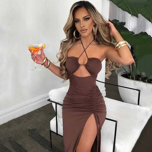 high spilt halter party dress欧美ins风性感高开叉抽皱挂脖长裙