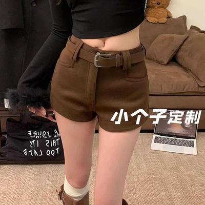 美式辣妹咖色毛呢短裤女秋冬加厚低腰直筒宽裤子小个子休闲裤xs
