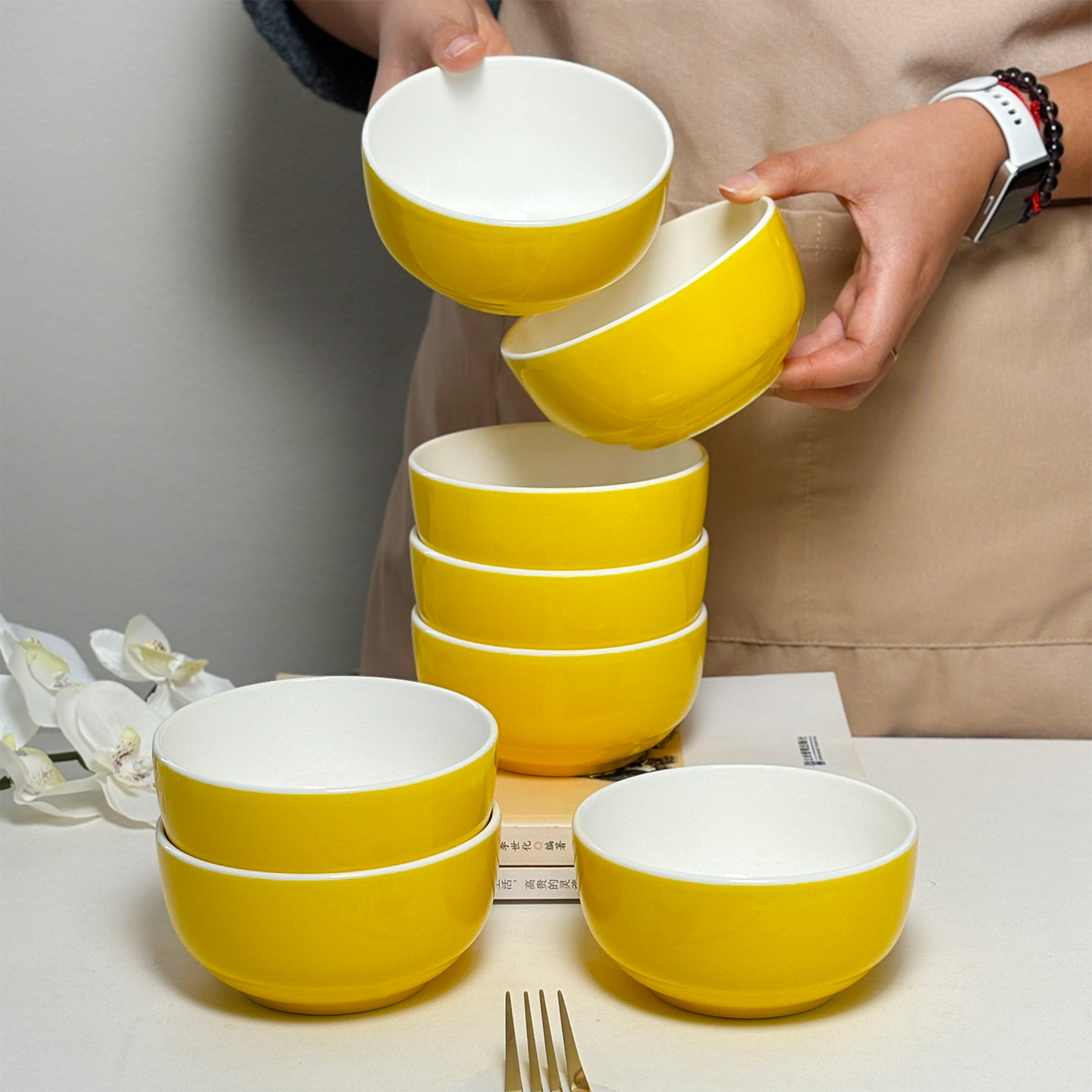 10个装商用小碗食堂米饭碗喝粥汤碗陶瓷小菜碗餐厅中式火锅蘸料碗