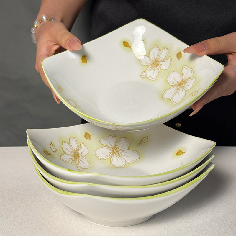 黄金叶四角盘子菜盘家用凉菜碗沙拉碗盘高颜值陶瓷翘脚碗勺子套装