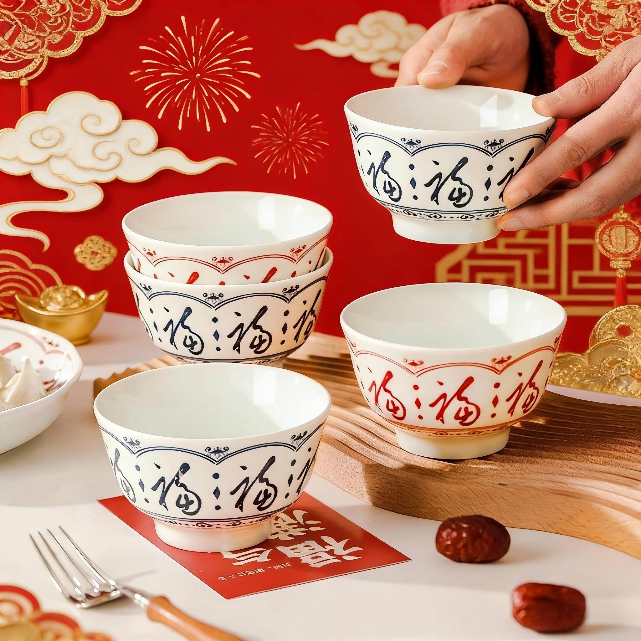 陶瓷米饭碗家用福字2026新款釉下彩新年高颜值个人专用吃饭碗餐具,餐饮具,碗,淘宝优惠券,粉丝福利购,淘宝优惠卷