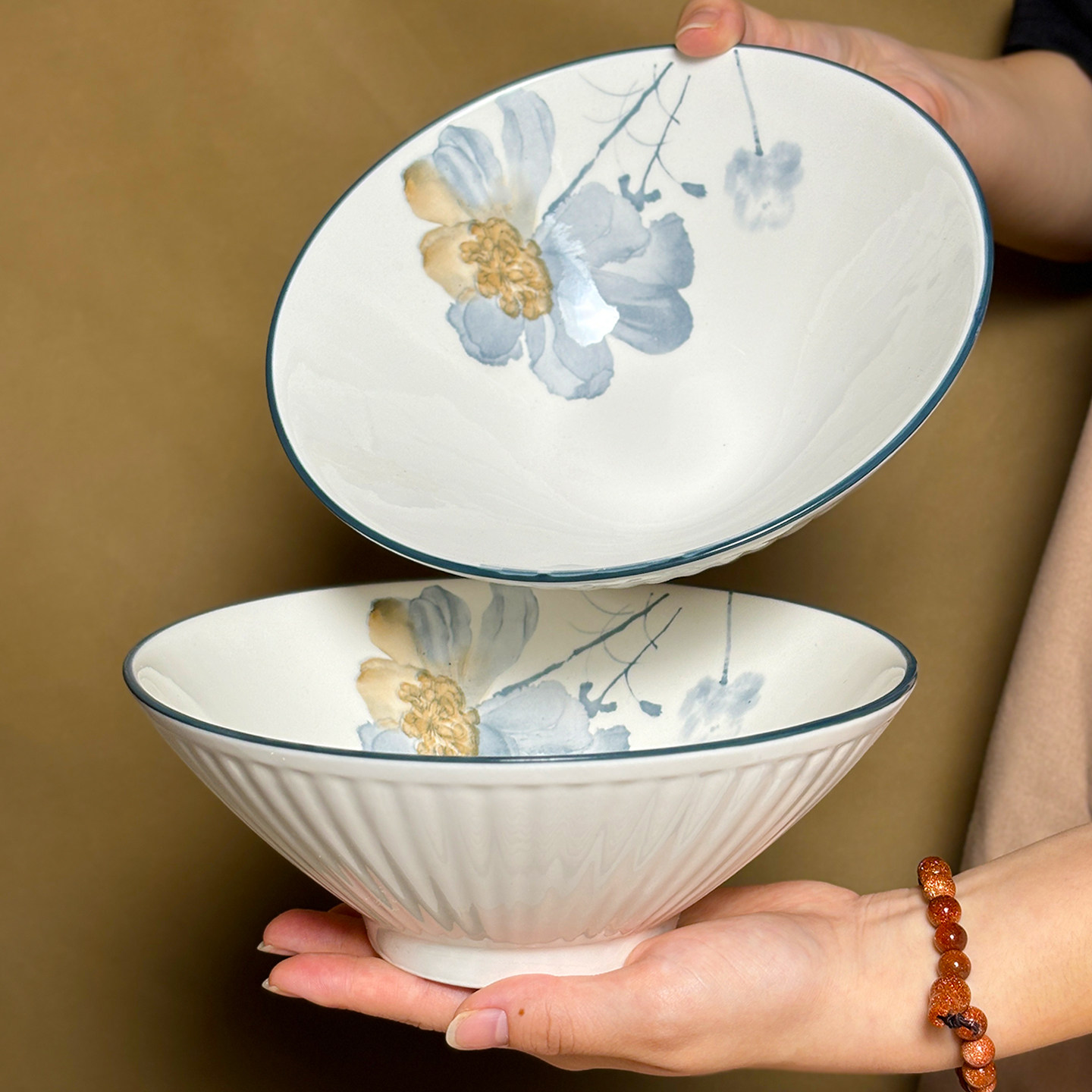 陶瓷釉下彩8寸斗笠碗家用2025新款大号汤面碗高颜值个人专用面碗