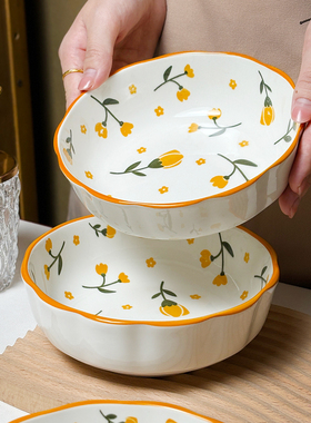 陶瓷水果沙拉碗可爱黄色餐具釉下彩家用6英寸燕麦面碗烤碗甜品碗