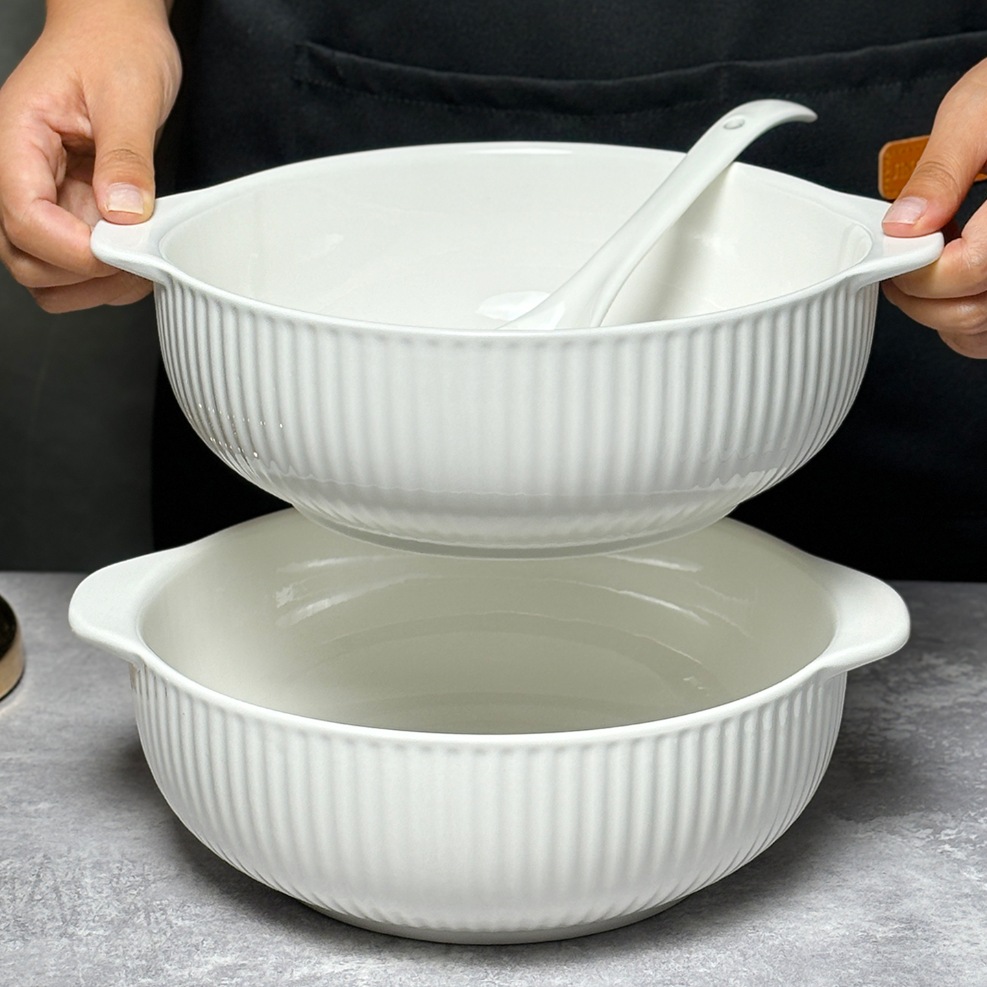 陶瓷双耳汤碗白色简约大碗日式创意防烫大容量汤盆烤碗泡面碗家用