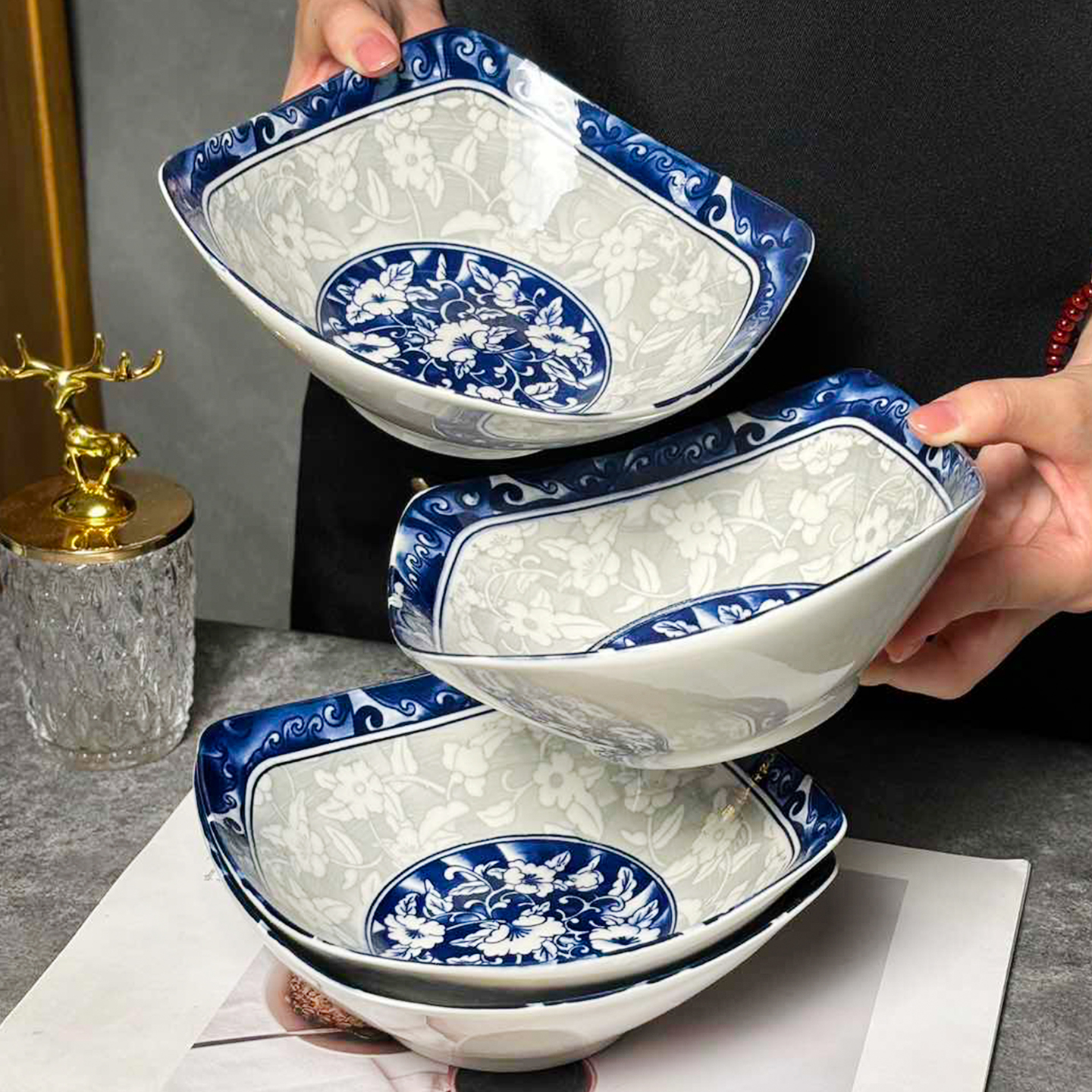 盘子菜盘四角盘子家用青花瓷陶瓷釉下彩方形汤盘深盘菜碟异形盘子