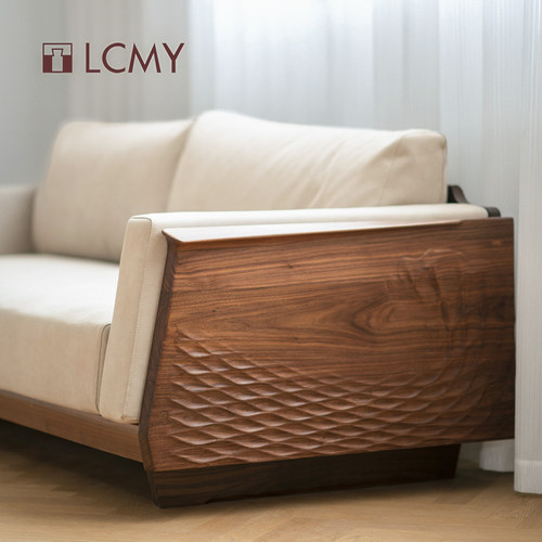 现代精雕黑胡桃真皮布艺