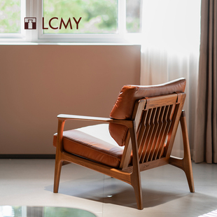 [鹿鸣沙发]原创实木全榫卯黑胡桃木真皮布艺现代扶手椅|览春木业